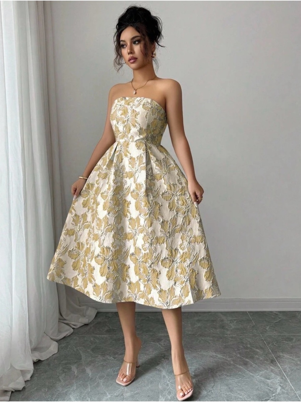 Strapless A-Line Floral Midi Dress in Gold and Cream